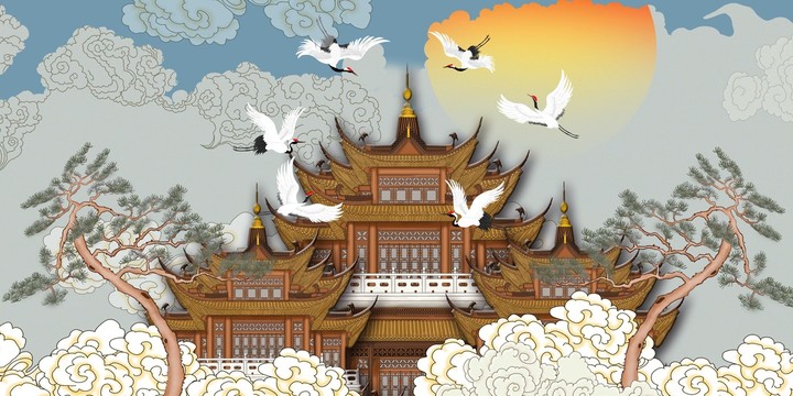 樓閣仙鶴背景墻