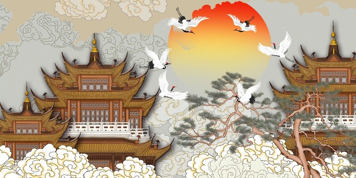 樓閣仙鶴背景墻