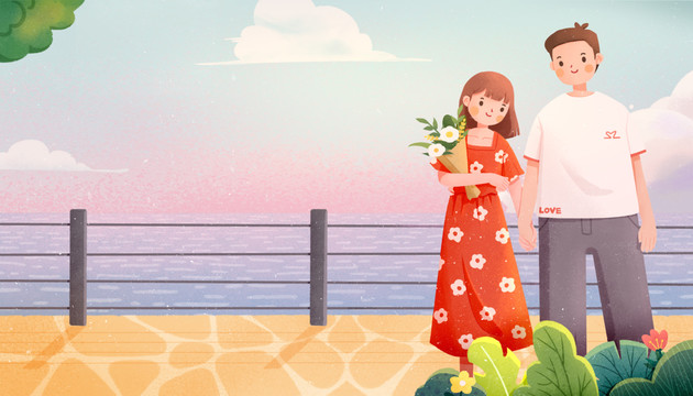 七夕情人節(jié)情侶拿花束牽手插畫