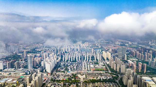 天津城市平流雾美景航拍