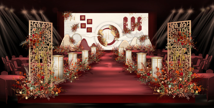 新中式香槟红色婚礼舞台效果图
