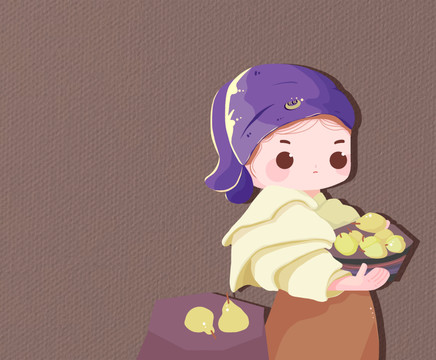 紫帽子女孩捧筐梨