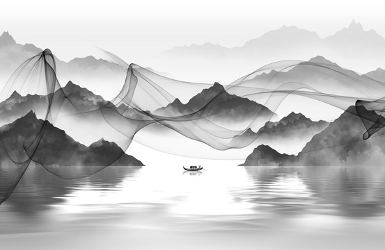 淡雅煙霧山水畫