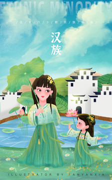 漢族母女親子插畫