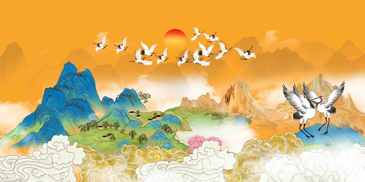 國(guó)潮山水仙鶴背景墻