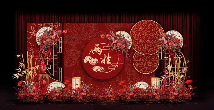 紅色中式婚禮手繪效果圖