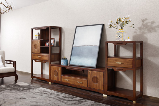 新中式实木组合电视柜厅柜饰品