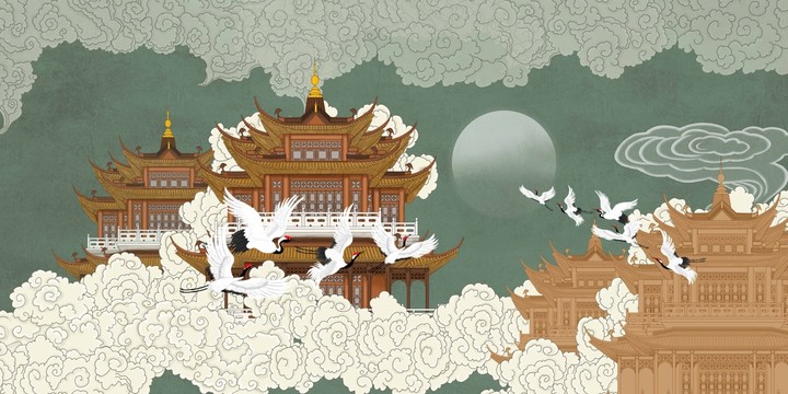 樓閣仙鶴背景墻