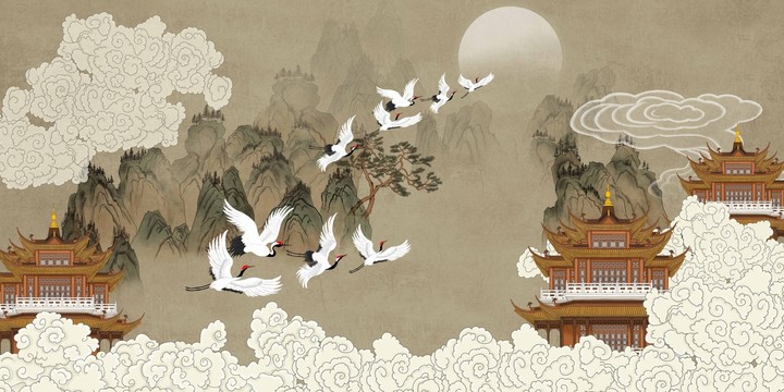 祥云樓閣仙鶴圖