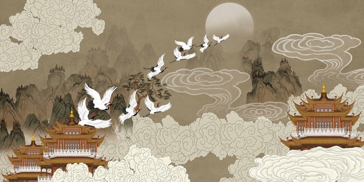 樓閣仙鶴壁畫