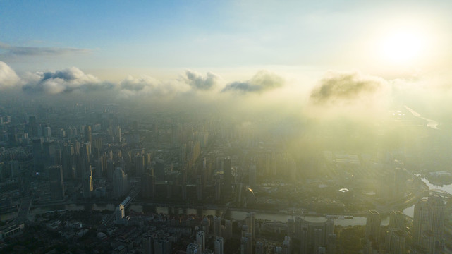 天津城市平流雾美景航拍