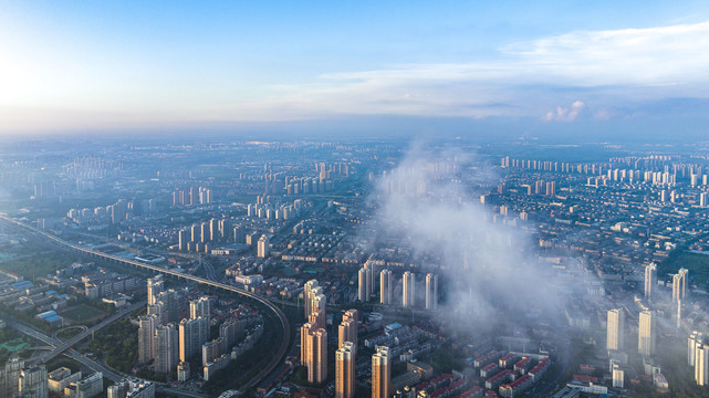 天津城市平流雾美景航拍