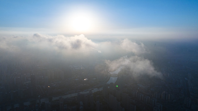 天津城市平流雾美景航拍