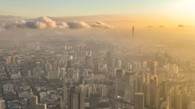 天津城市平流雾美景航拍