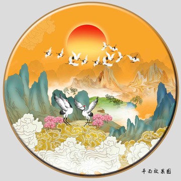 國潮祥云仙鶴山水插畫