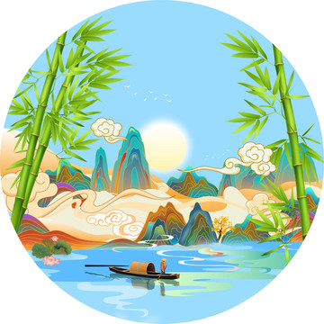山水國潮矢量圓形插畫
