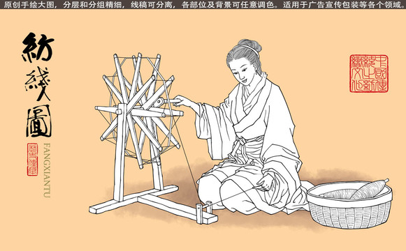 古代女子纺线图线稿