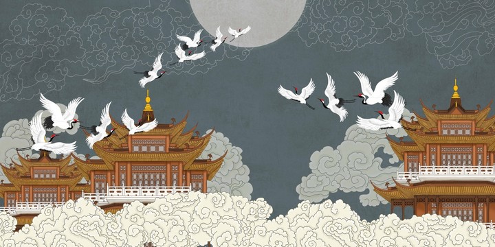 仙鶴皇宮瑞鶴圖高端背景墻