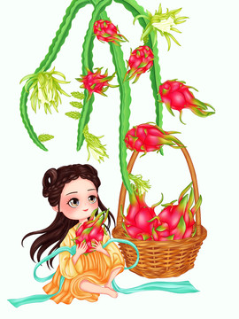 火龍果女孩包裝插畫