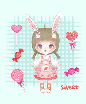 少女只只小白兔甜美糖果風插畫