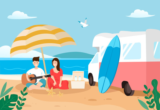 夏日海灘情侶露營