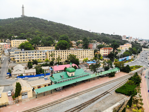 航拍辽宁大连旅顺火车站旅顺站