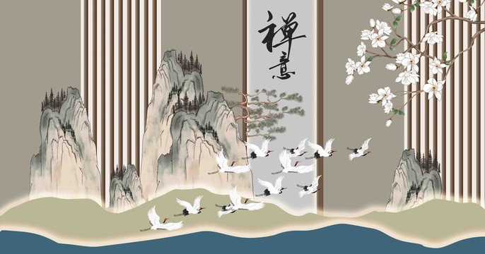 格柵花鳥山水背景墻