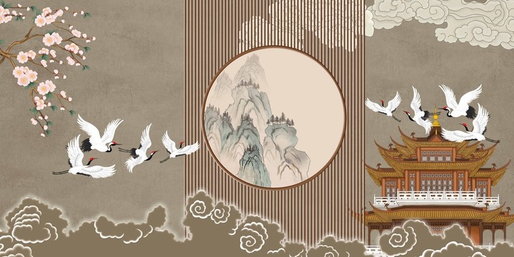瑞鶴圖柵格背景墻