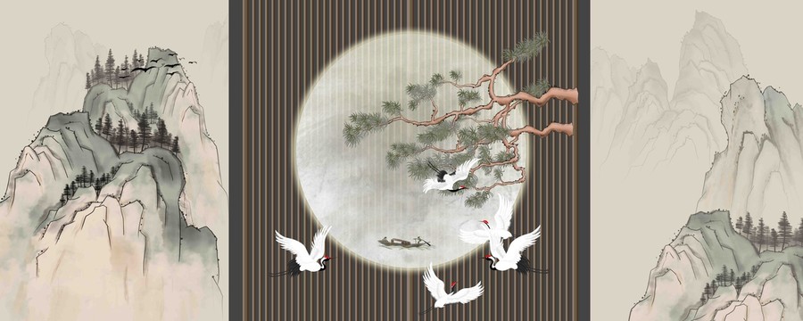 新中式格柵瑞鶴圖
