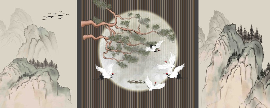 古風(fēng)格柵山水畫背景墻