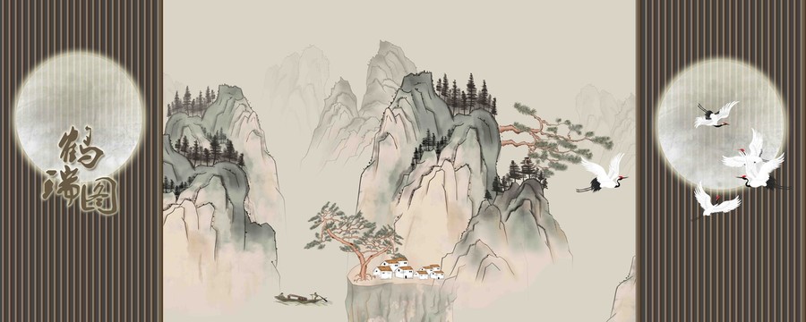 古風(fēng)格柵山水畫背景墻