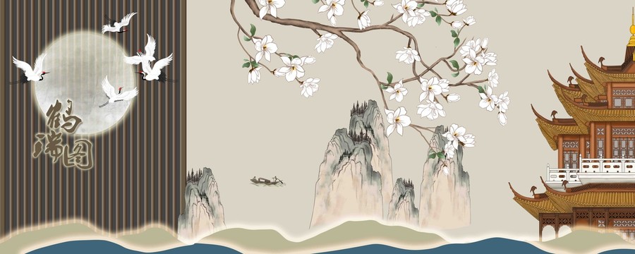 玉蘭花古典山水背景