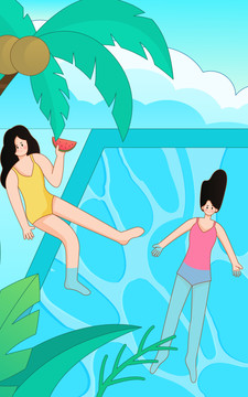 夏天美女去泳池游泳插画海报