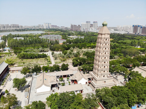 航拍宁夏银川海宝公园海宝塔寺