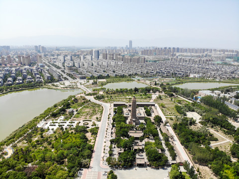 航拍宁夏银川海宝公园海宝塔寺