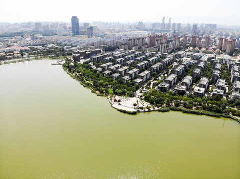 航拍宁夏银川海宝公园北塔湖畔