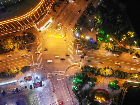 航拍沈阳沈河区城市道路夜景