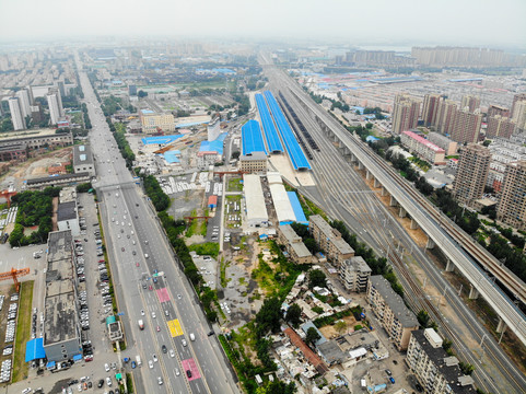 航拍沈阳北一中路高架桥及铁路