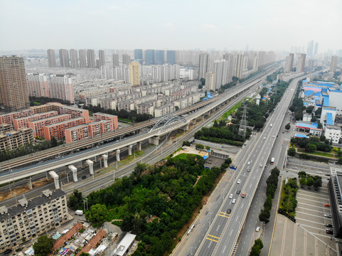 航拍沈阳北一中路高架桥及铁路