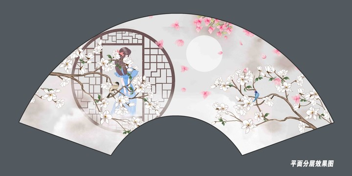 折扇玉蘭花插畫
