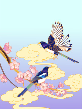 國風(fēng)七夕節(jié)喜鵲插畫