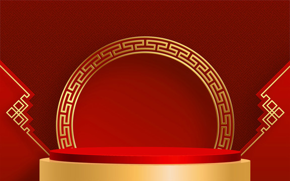 金色圆形舞台 红背景广告模版三维图