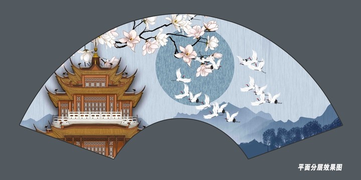 折扇山水閣樓花鳥(niǎo)