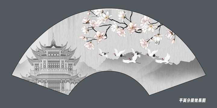 折扇花鳥山水閣樓