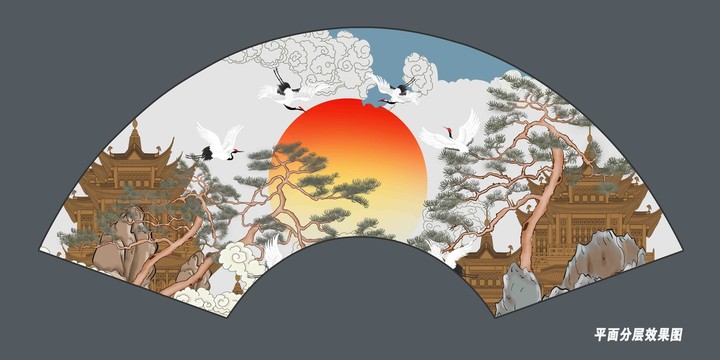 折扇祥云迎客松仙鶴
