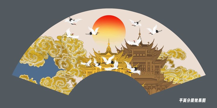 折扇祥云閣樓插畫