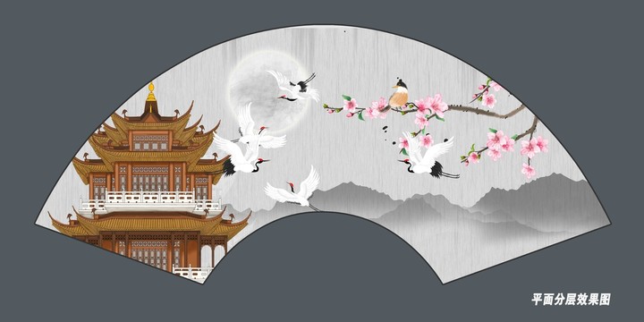 折扇閣樓花鳥山水