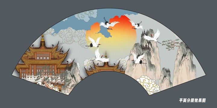 折扇古風(fēng)閣樓樓角仙鶴