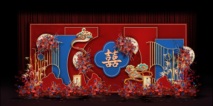 中式紅藍婚禮手繪效果圖