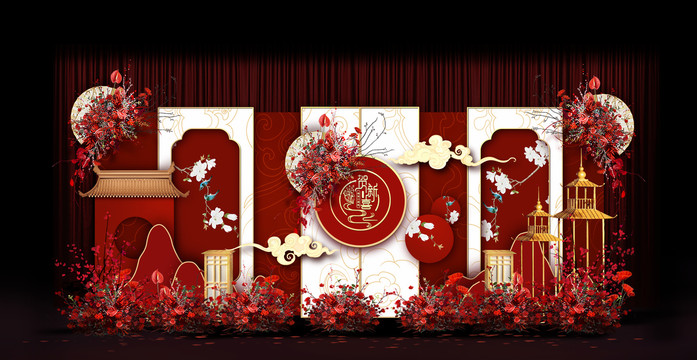 新中式合影區(qū)婚禮手繪效果圖